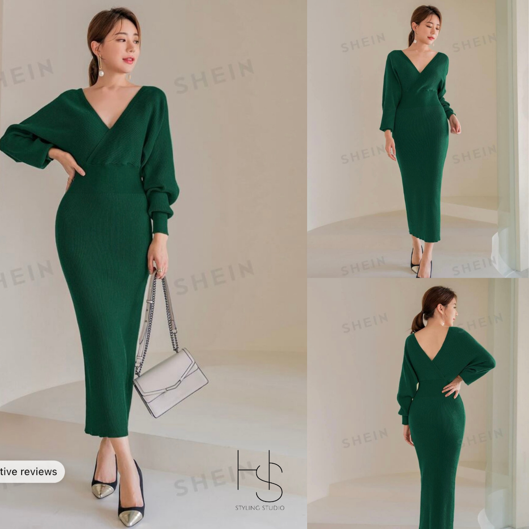 Shein Solid Surplice Neck Sweater Dress