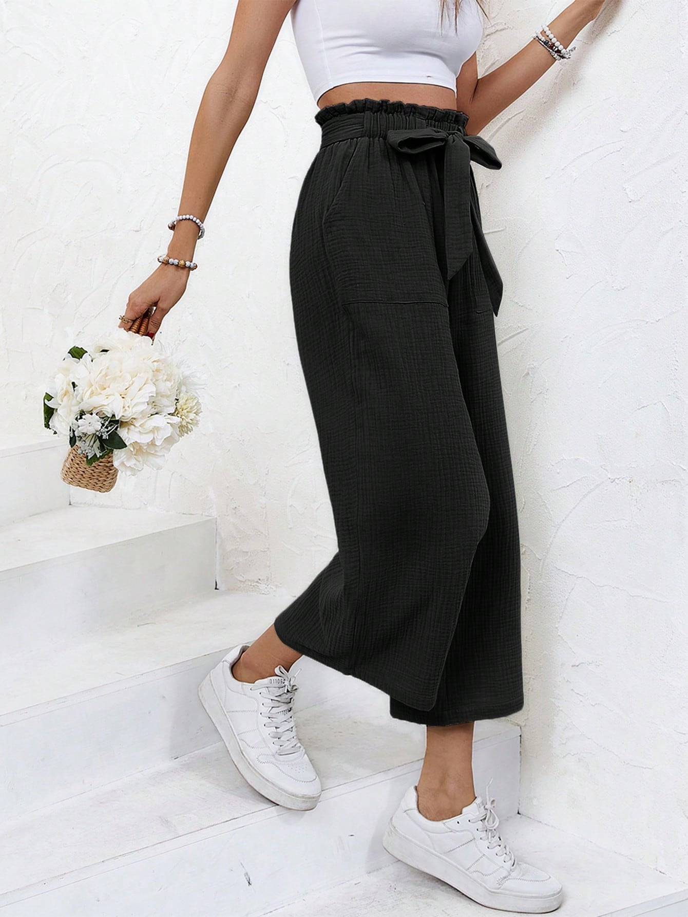 Shein Paper-Bag Waist Belted Wide Leg Pants