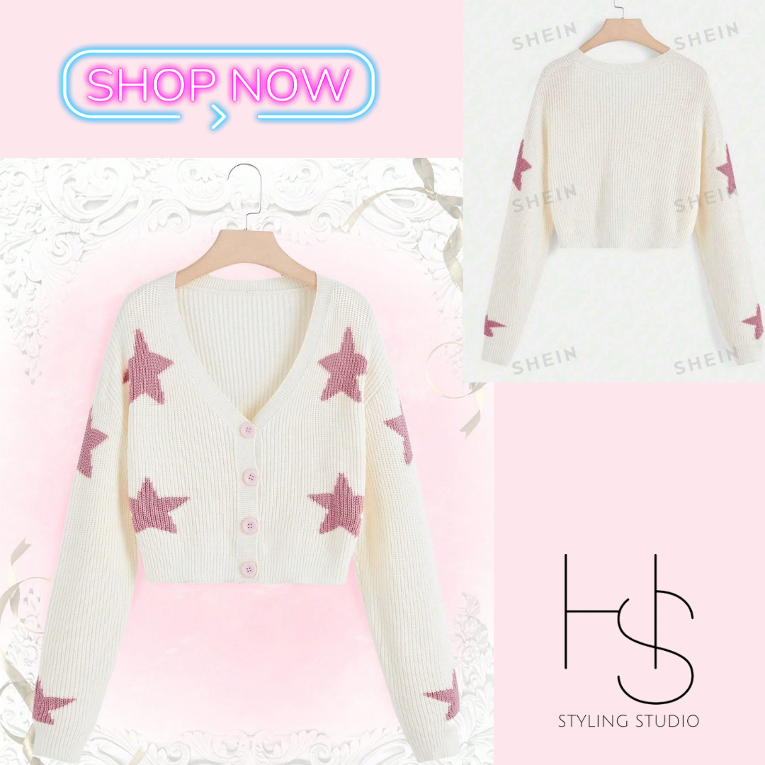 Romwe Kawaii Star Pattern Drop Shoulder Cardigan