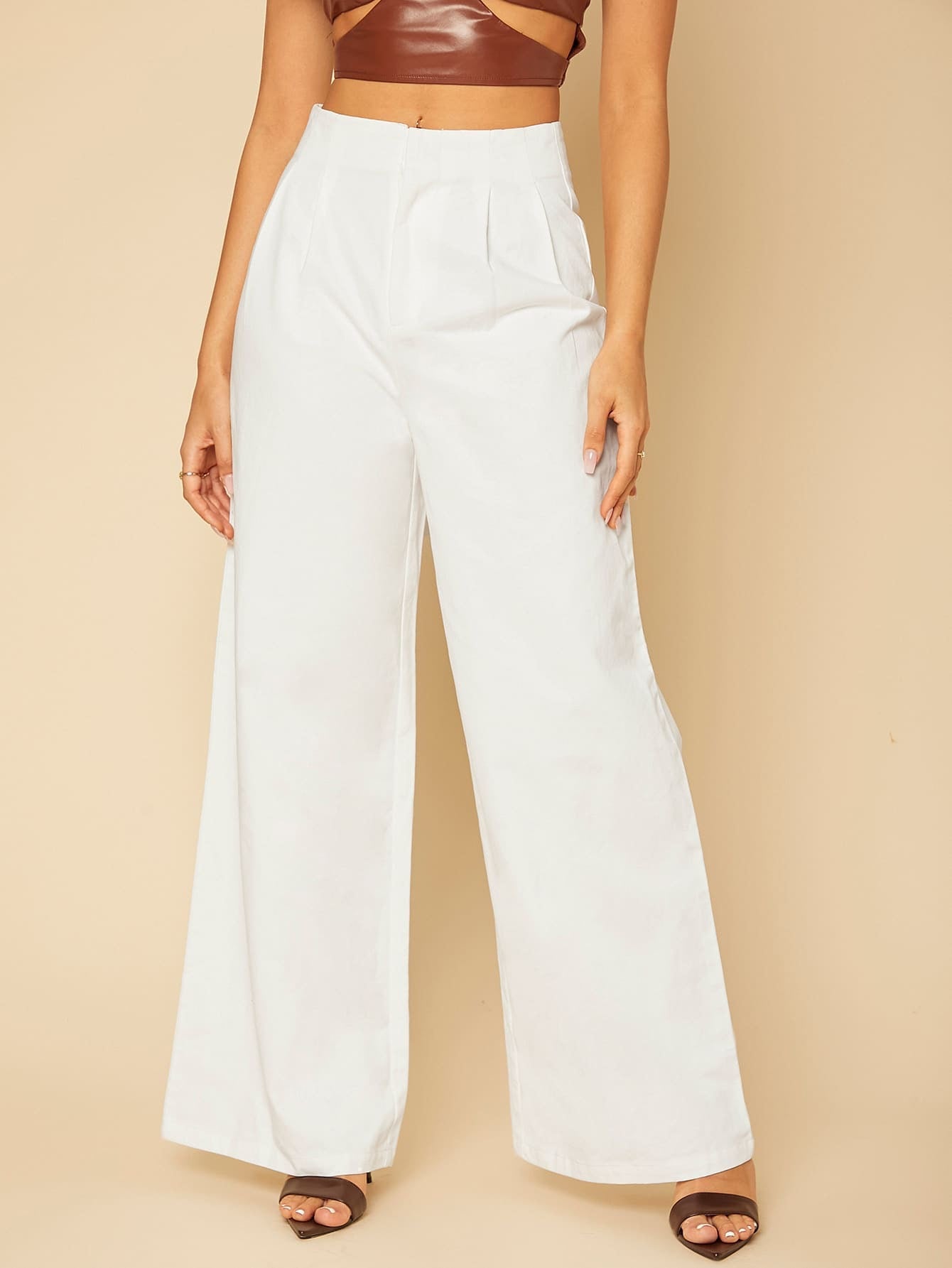 Shein Fly Fold Pleated Wide Leg Pants