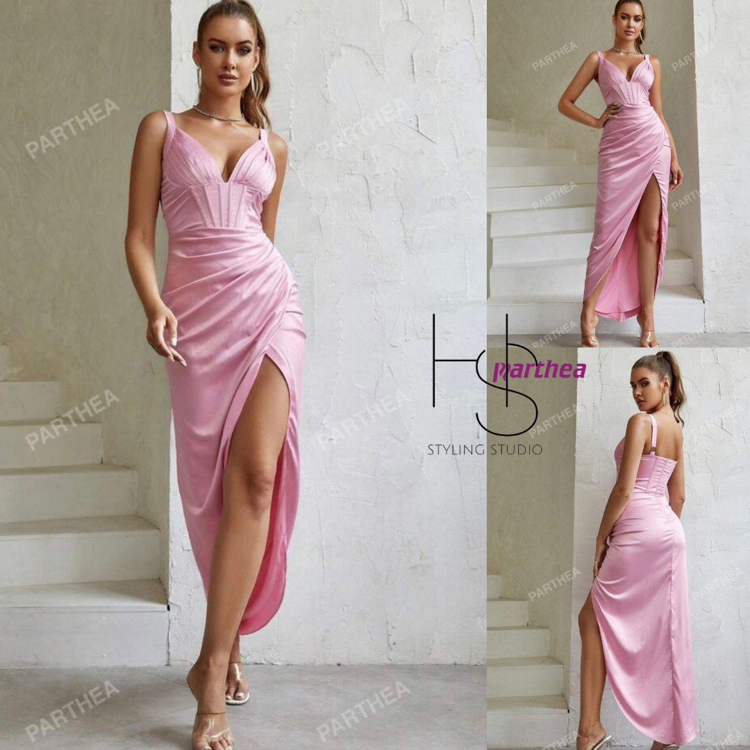 Shein Plunging Neck Ruched Wrap Hem Satin Cami Dress