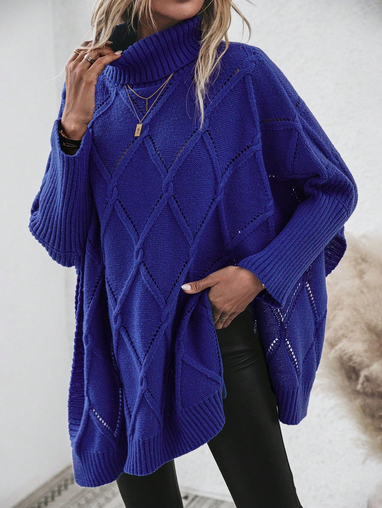 Shein Turtle Neck Batwing Sleeve Pointelle Knit Poncho