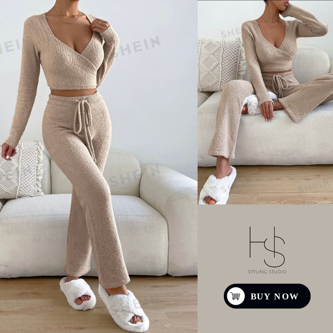 Shein Surplice Neck Sweater & Drawstring Knit Pants