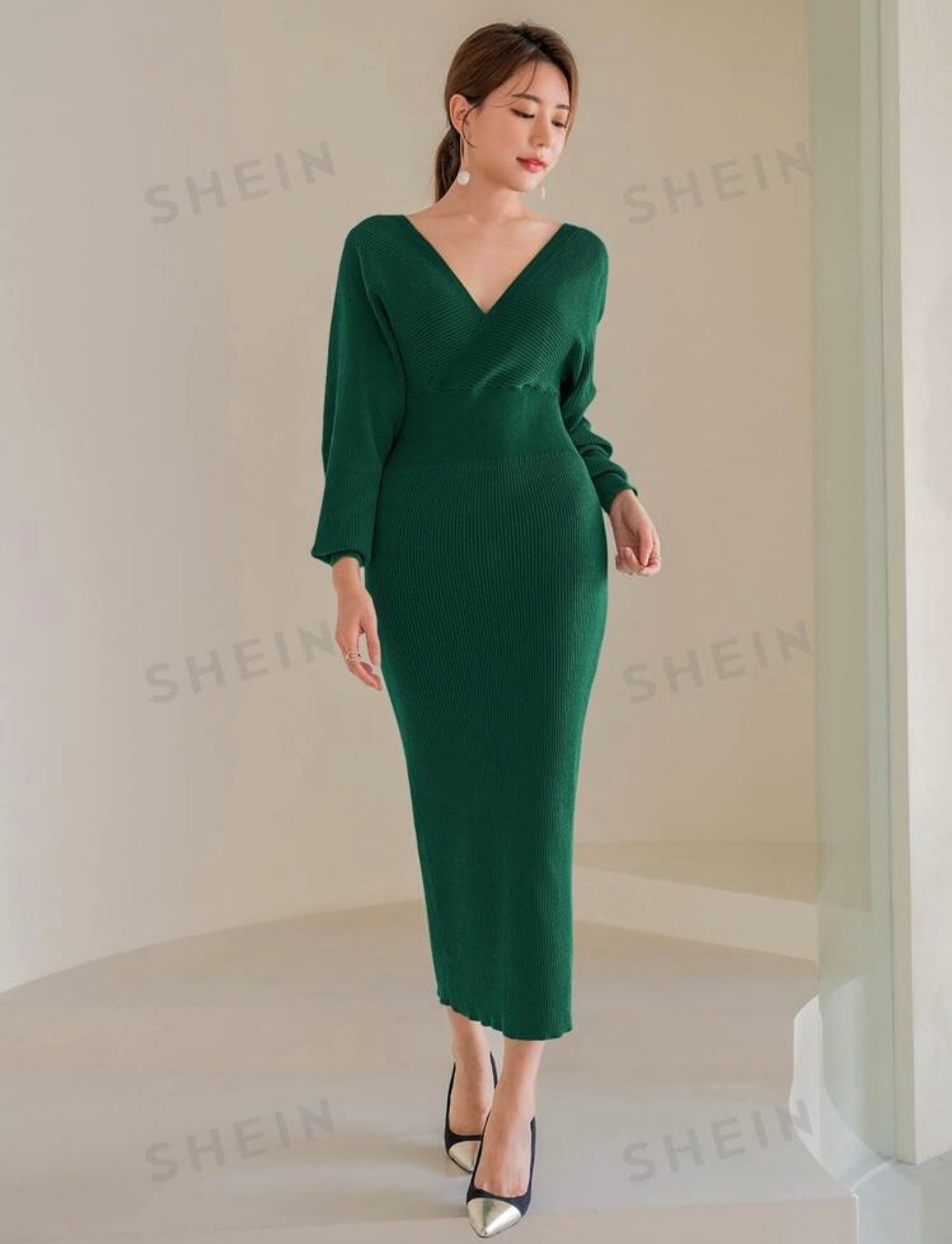 Shein Solid Surplice Neck Sweater Dress