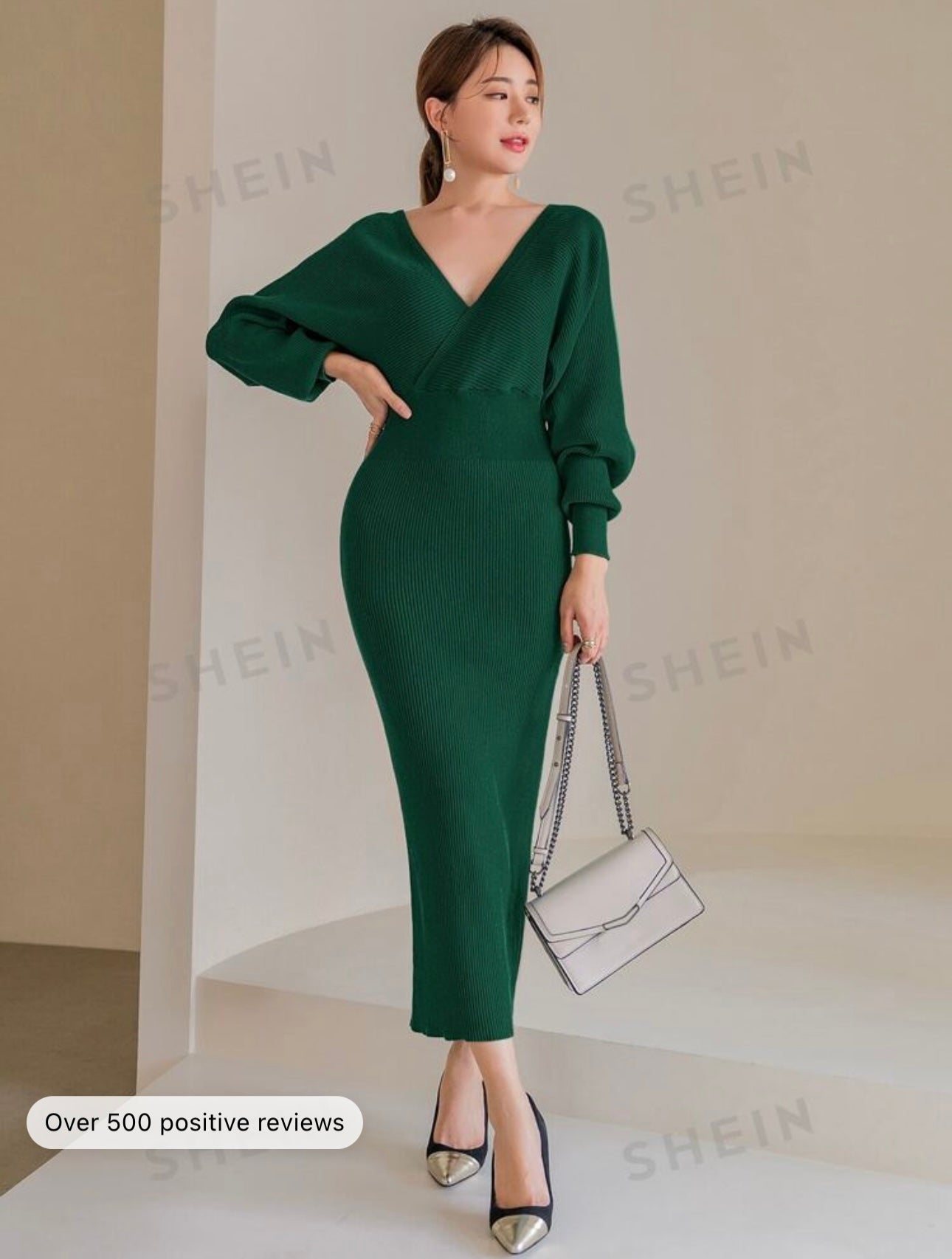 Shein Solid Surplice Neck Sweater Dress