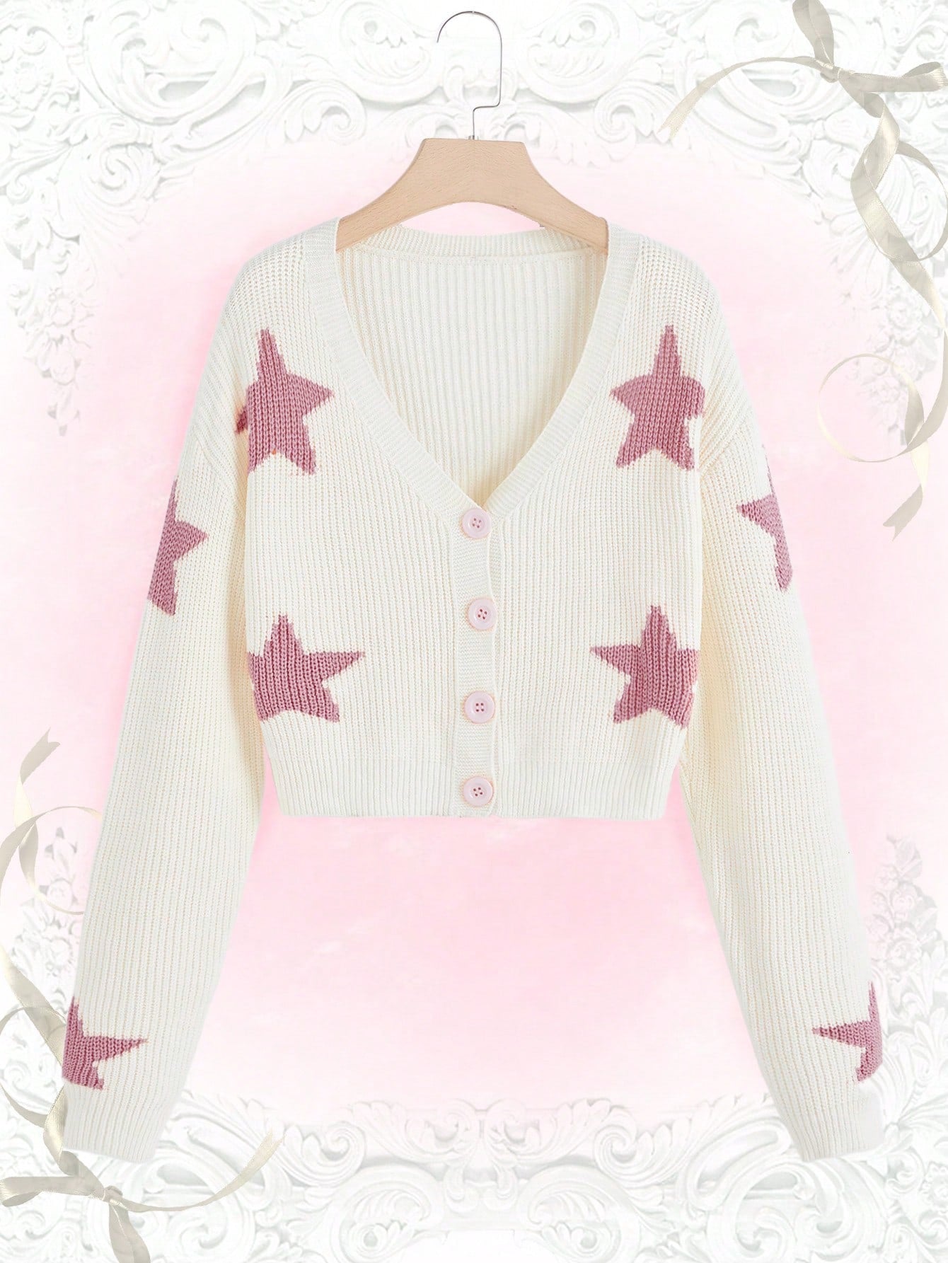 Romwe Kawaii Star Pattern Drop Shoulder Cardigan