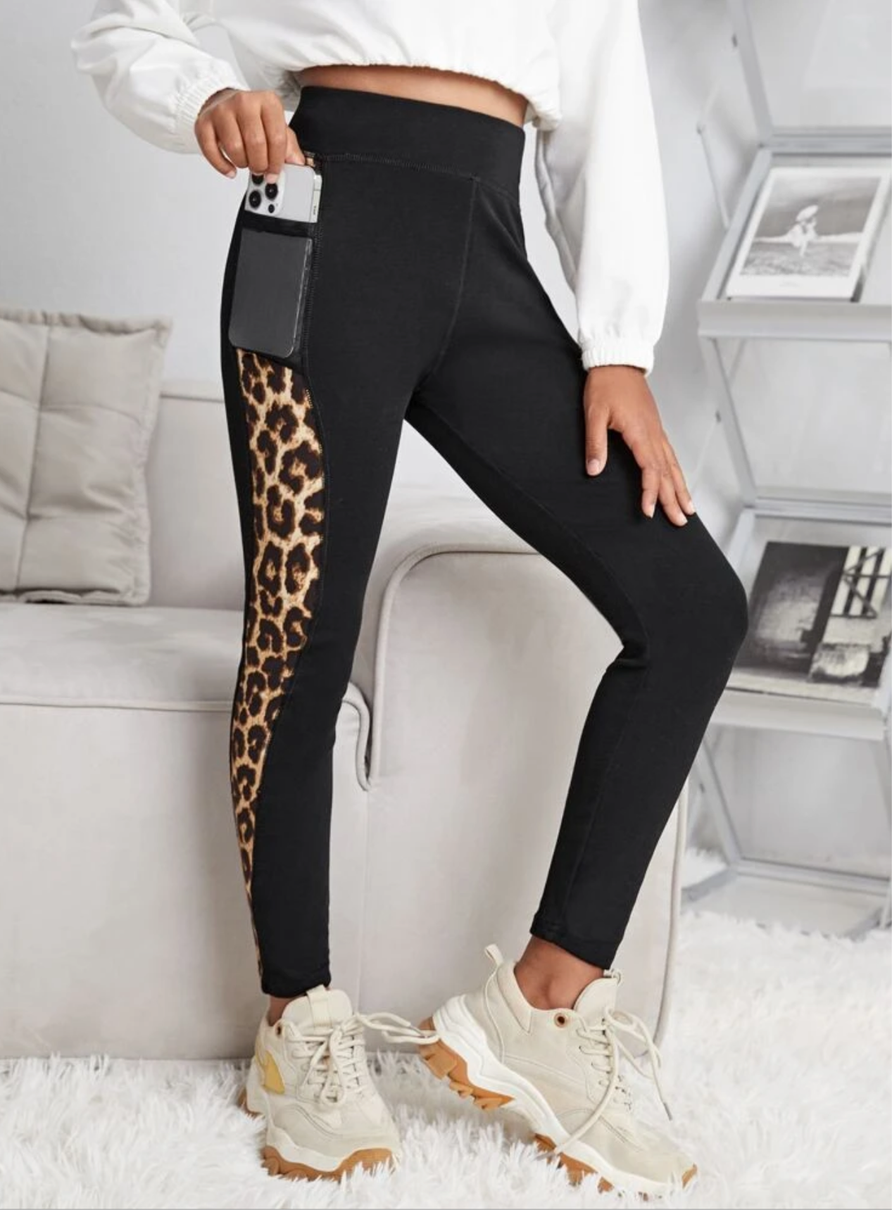 Shein Leopard Print Leggings With Phone Pocket