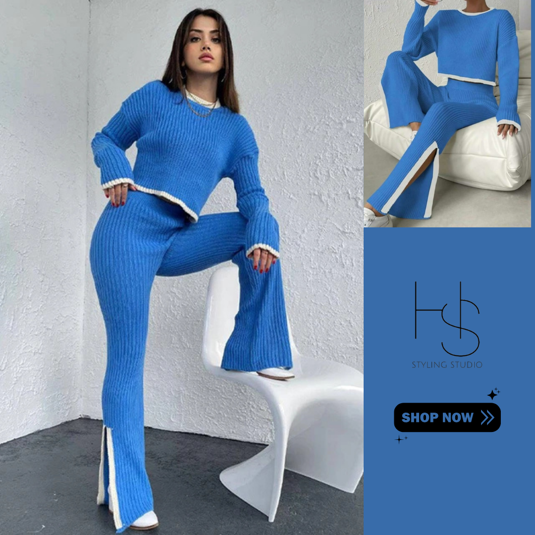 Shein 2pcs Contrast Knitted Crop Top & Slit Trouser