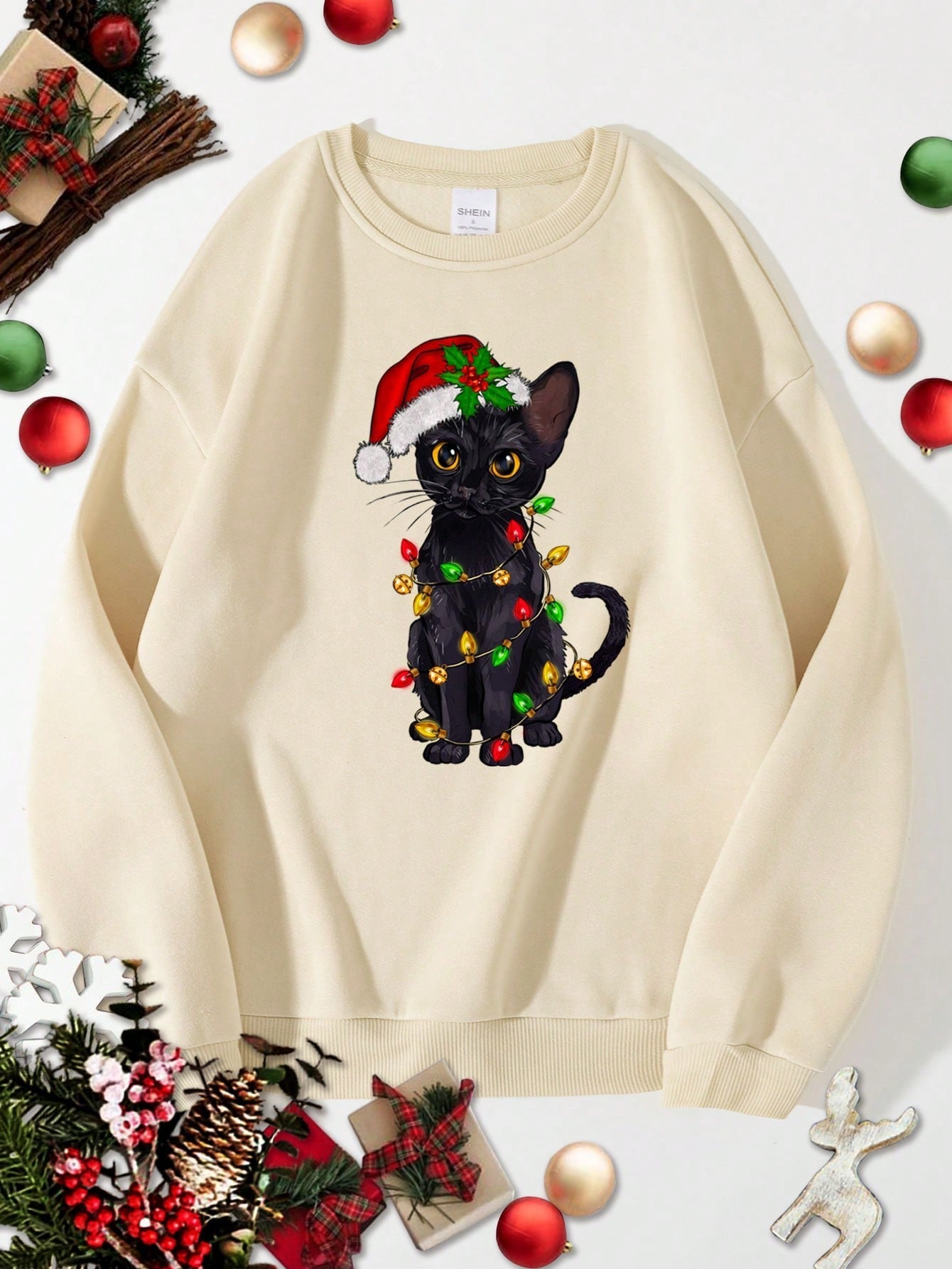 Shein Christmas Cat Thermal Lined Sweatshirt