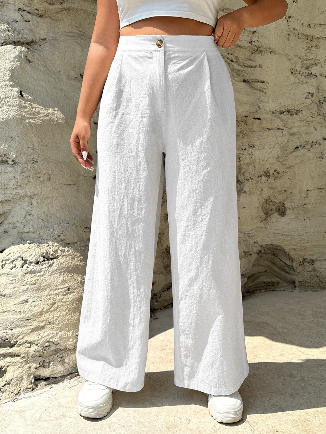 Plus Size Shein White High Waist Wide Leg Pants