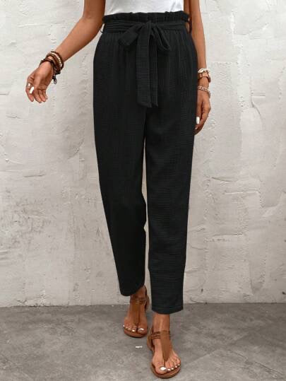 Shein Paper-Bag Waist Belted Wide Leg Pants