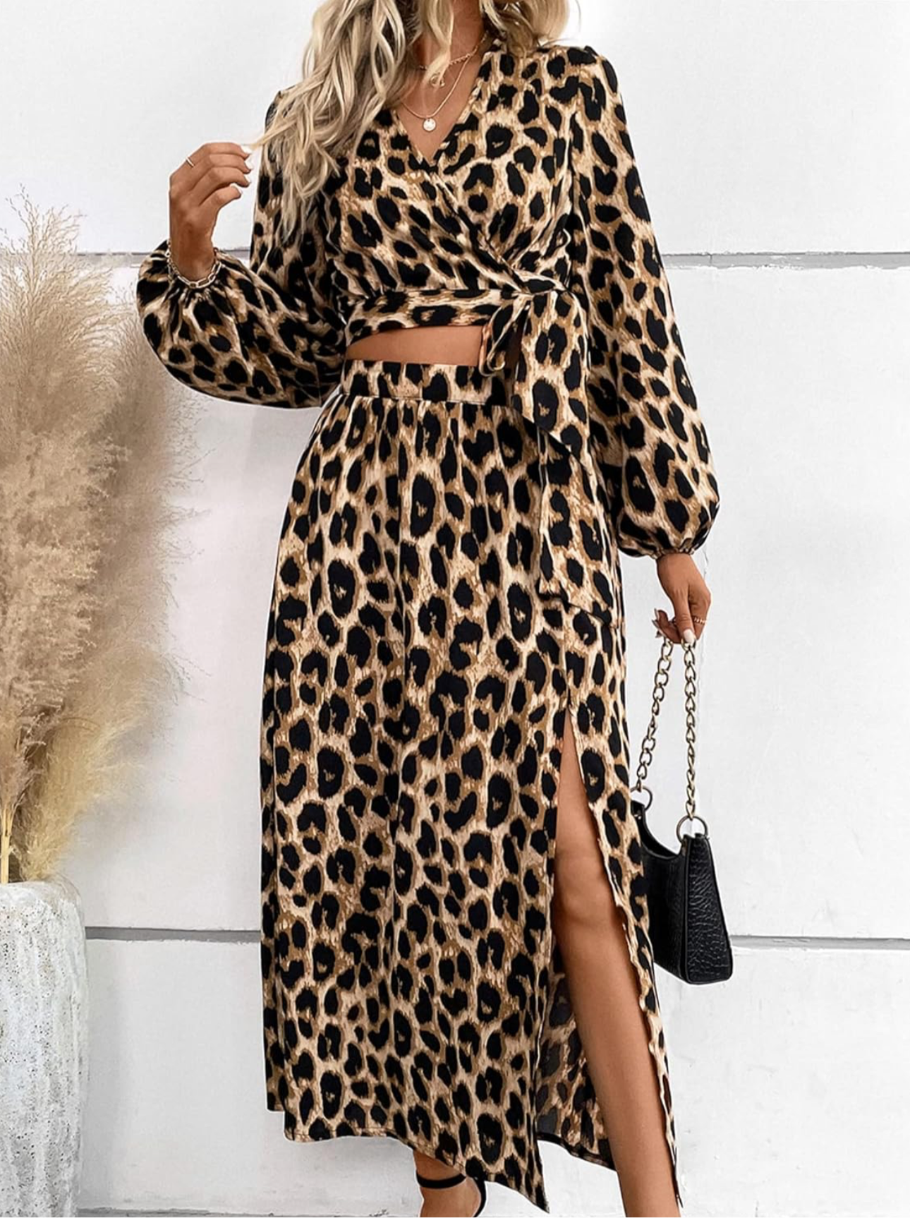 Shein Lune Leopard Print Lantern Sleeve Knot Side Crop Top & Split Skirt