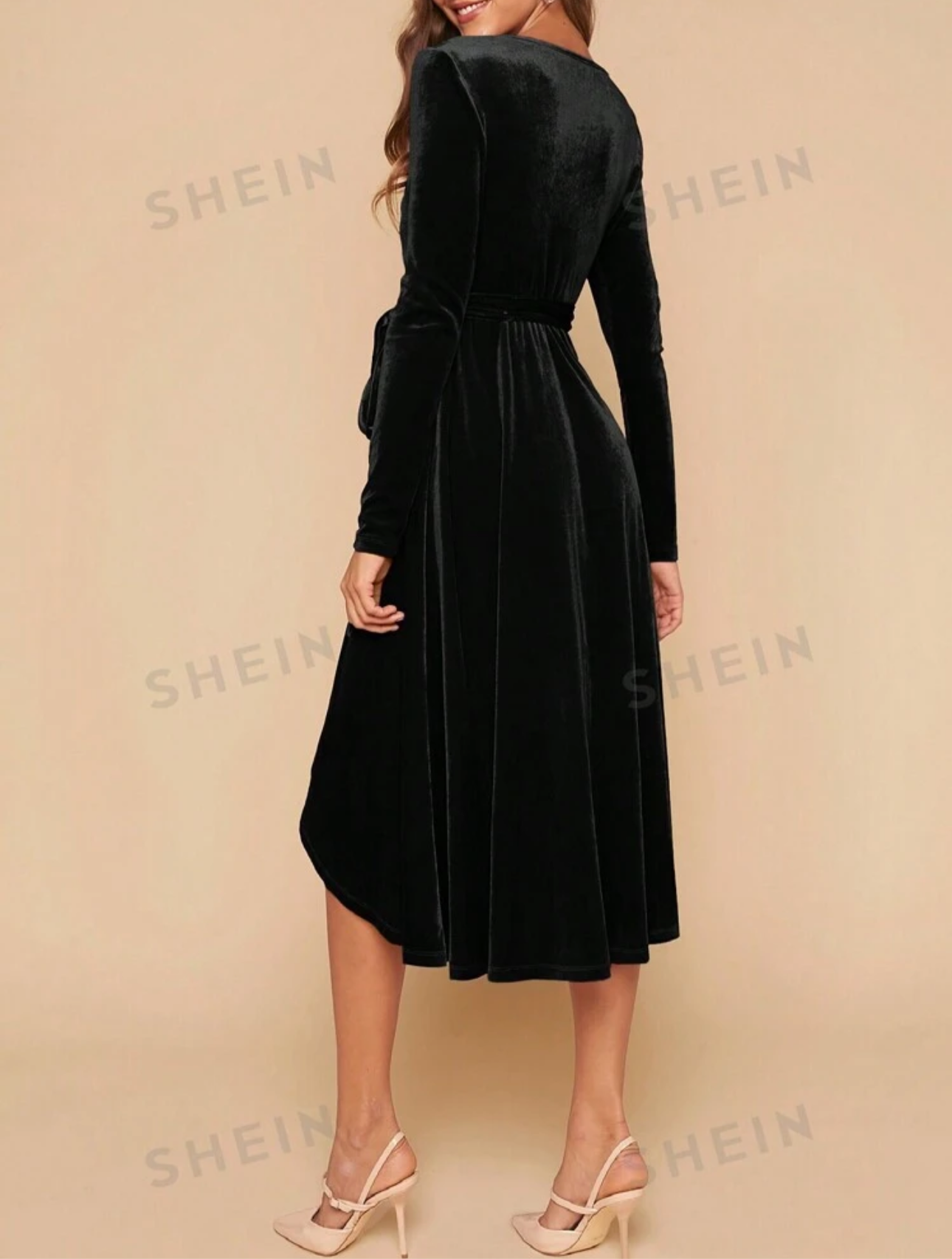 Shein Clasi Solid Wrap Knot Side Velvet Dress