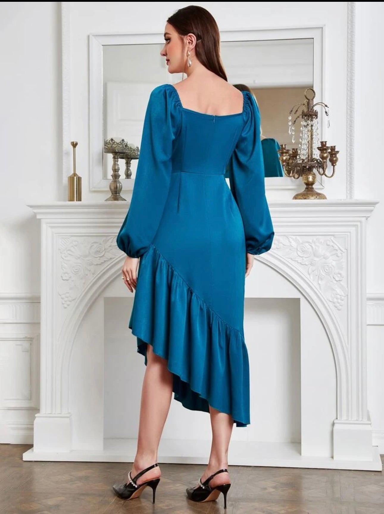 Shein Lantern Sleeve Ruched Ruffle Hem Dress