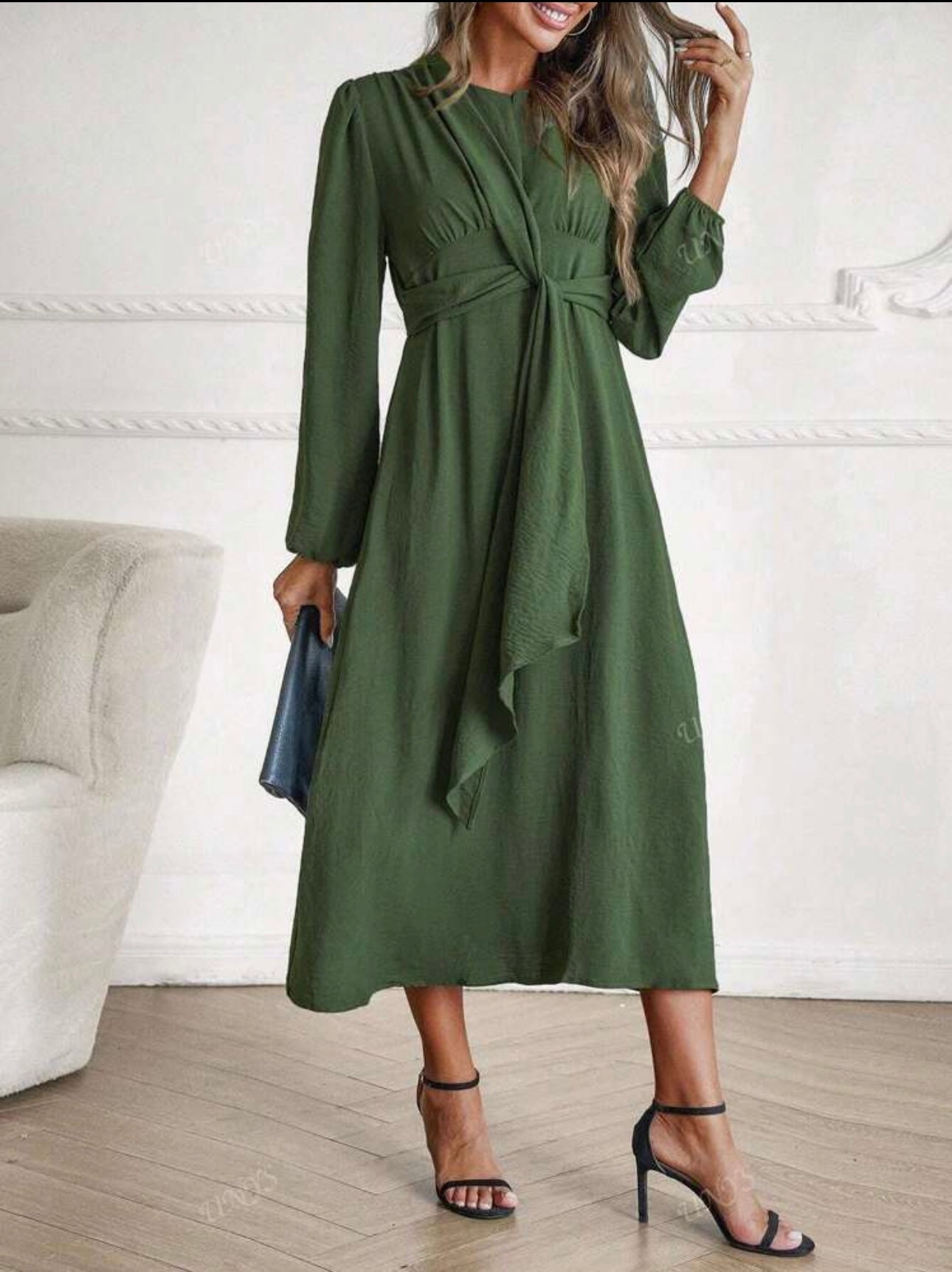 Shein Lantern Sleeve Tie Waist Dress