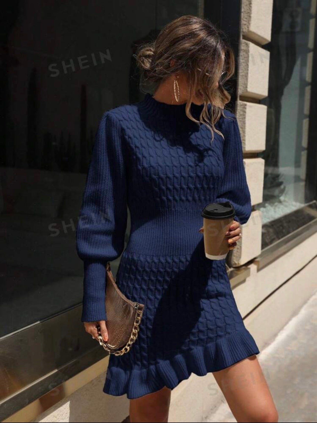 Shein Long Sleeve Solid Color Ruffle Hem Fitted Sweater Dress